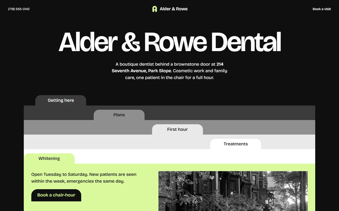 Homepage of Alder & Rowe Dental, a concept site for a practice in Park Slope, Brooklyn
