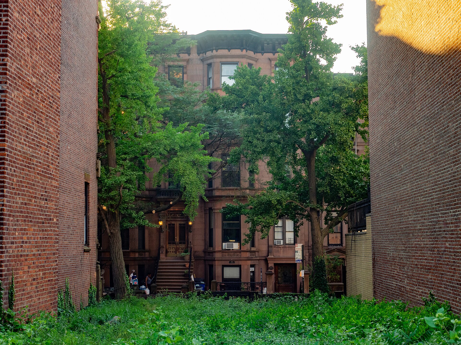 A Park Slope brownstone behind trees